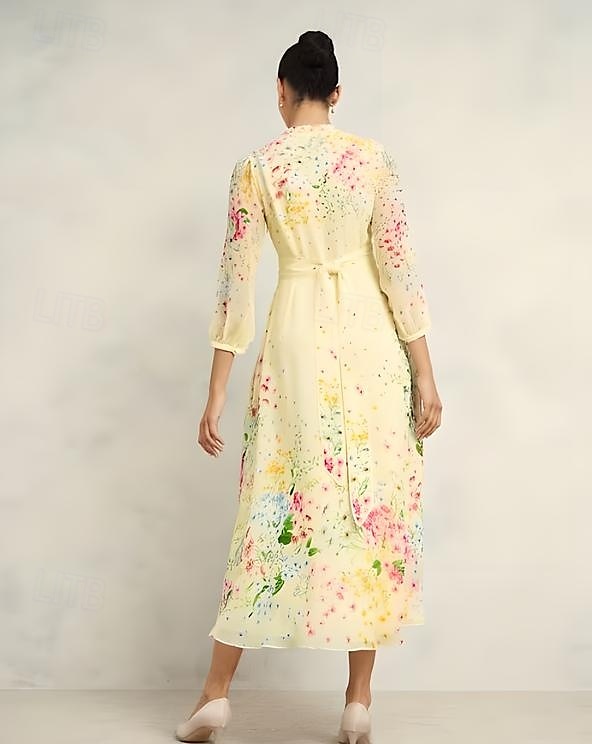 A-Linie Brautmutterkleid Elegantes Einfaches Minimalistisches V-Ausschnitt Blumenmuster bodenlang Chiffon Langarm mit verdeckten Knöpfen Derby Kleid Renntag Kleid Hochzeitsgastkleid 2025 2025 - $189.99 –P2