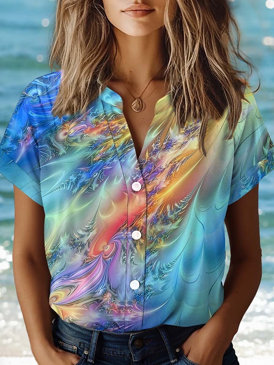 Women's Shirt Floral Elegant Vintage Tropical Short Sleeve Shirt Collar Regular Tops Daily Buttons Print Sky Blue Summer 2025 - $29.99 –P1