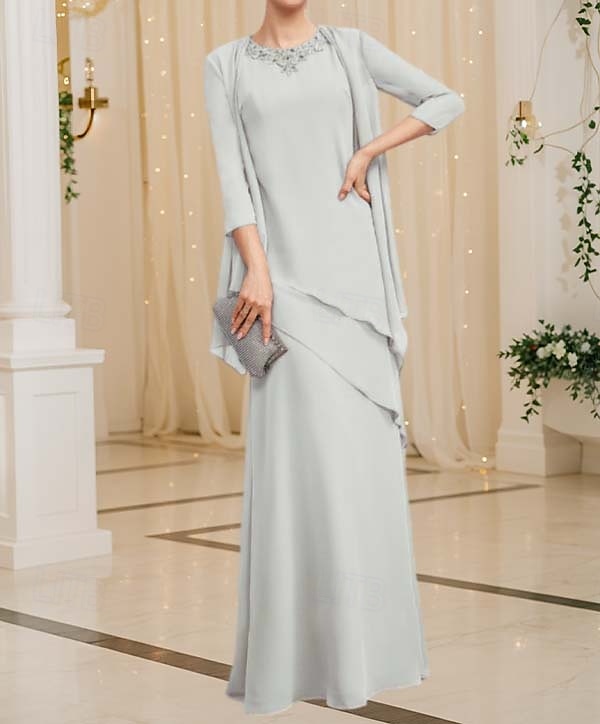 Zweiteiliges Kleid der Mutter der Braut Elegant Vintage Einfach Juwel-Ausschnitt Bodenlang Chiffon 3/4 Länge Ärmel Jackett Kleider mit Pailletten Beading Kaskadierende Rüschen 2025 - $203.99 –P7