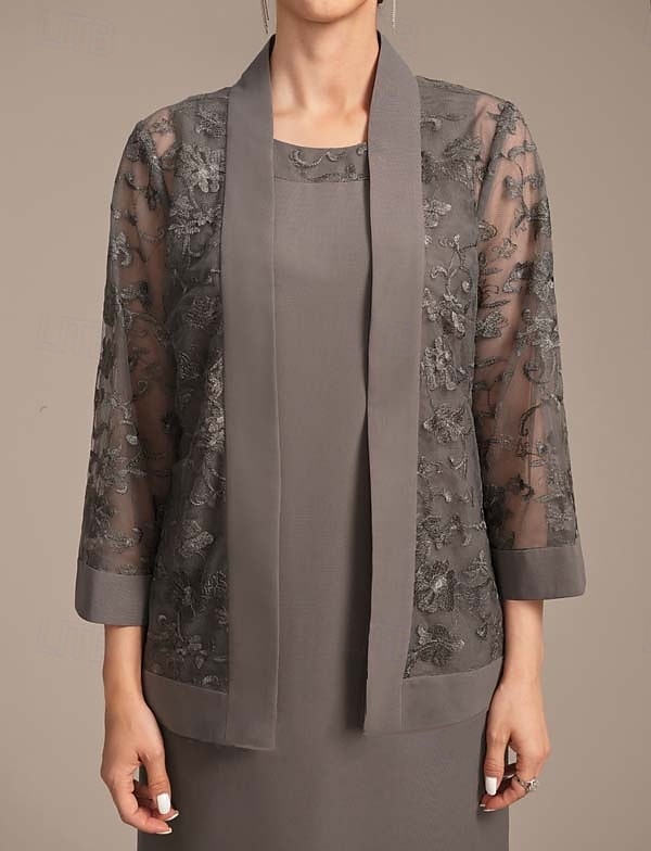 Mother of the Bride Dress Set Elegant Vintage Simple Jewel Neck Tea Length Chiffon FLoral Lace Long Sleeve with Jacket 2025 - $185.99 –P2