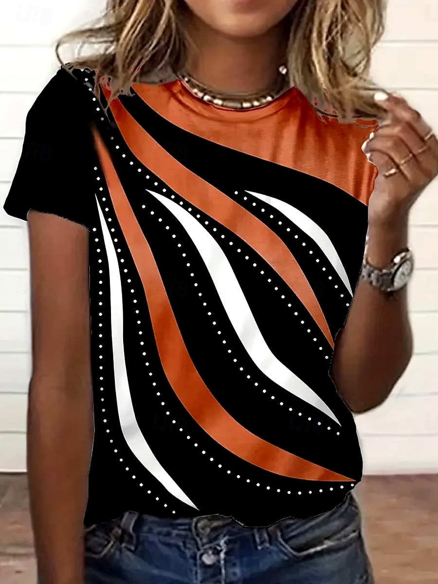 Dam T-shirt Grafisk Geometrisk Randig Elegant Vintage Mode Kortärmad Rund hals Vanliga toppar Dagligen Utekväll Helgen Mönster Orange Sommar 2025 - $19.99 –P1