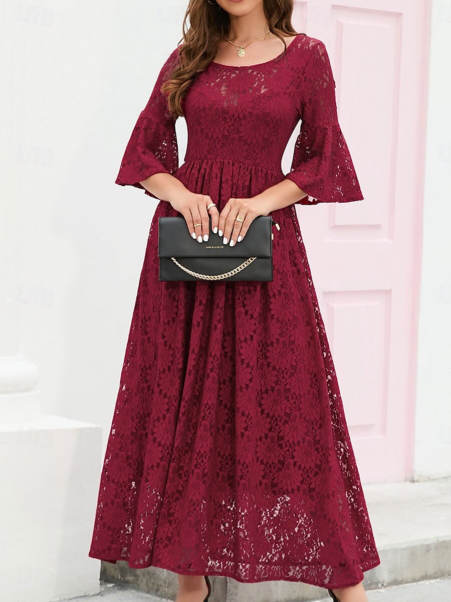 Damskie Sukienka midi Koronkowa sukienka Sukienka maxi Sukienka A line Elegancja Elegancki Codzienny Rozkloszowany rękaw Urlop Impreza Codzienny Regularny Równina Krótki rękaw Półgolf Czarny Wino 2025 - $46.99 –P1