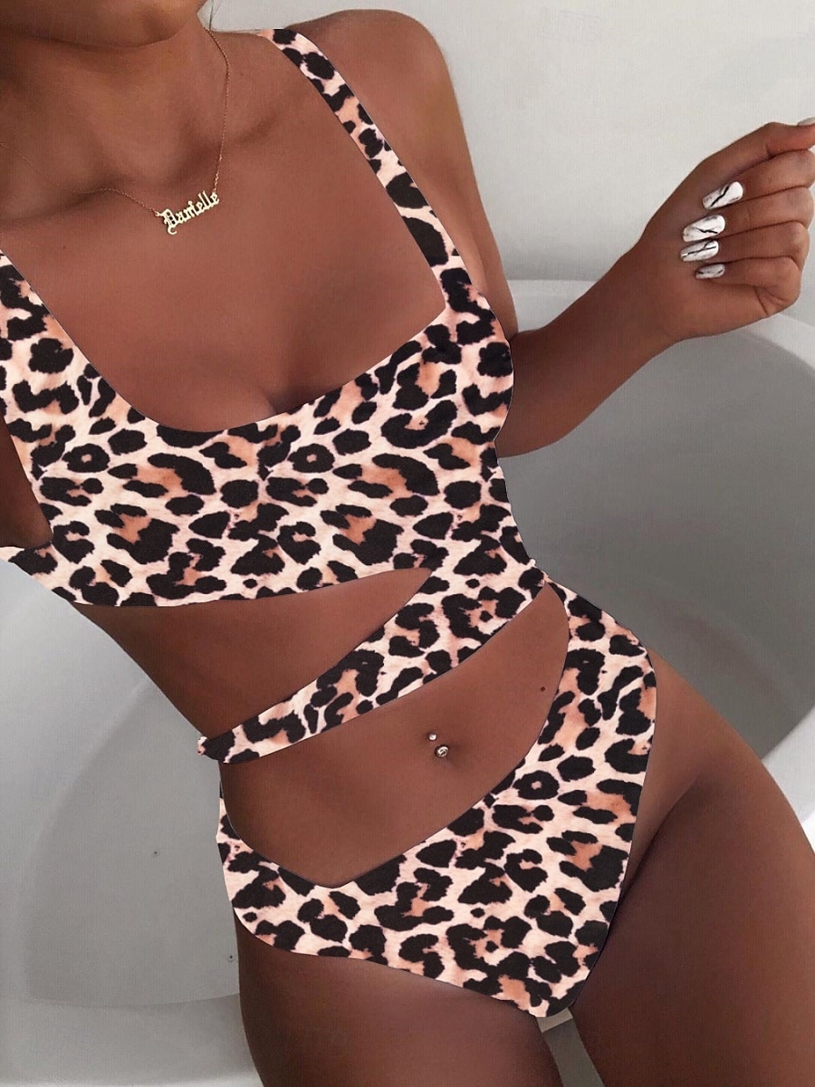 Kvinnors baddräkter enstyckad monokini baddräkt utan rygg magkontroll hög midja smal semester strandkläder leopard halter nack ärmlös baddräkter 2025 - $22.99 –P1