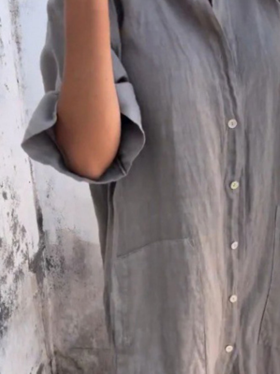 Damen Langes Kleid Maxikleid Baumwoll-Leinen-Kleider Hemdblusenkleid Freizeitkleid Basic Lässig Urlaub Lässig Täglich Lässiger Schnitt Einfach Halbarm Hemdkragen Blau Grün Khaki Grau Sommer Frühling 2025 - $32.99 –P2