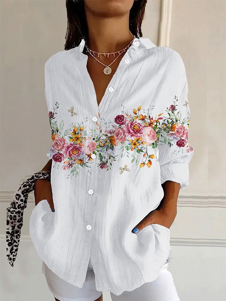 Damenhemd Langarm Button-Down-Bluse Florales Grafik Alltag Stylisch Retro Vintage 3/4-Ärmel Hemdkragen Reguliäre Tops Tagesurlaub Ausgehen Knöpfe Weiß Sommer Frühling 2025 - $32.99 –P1