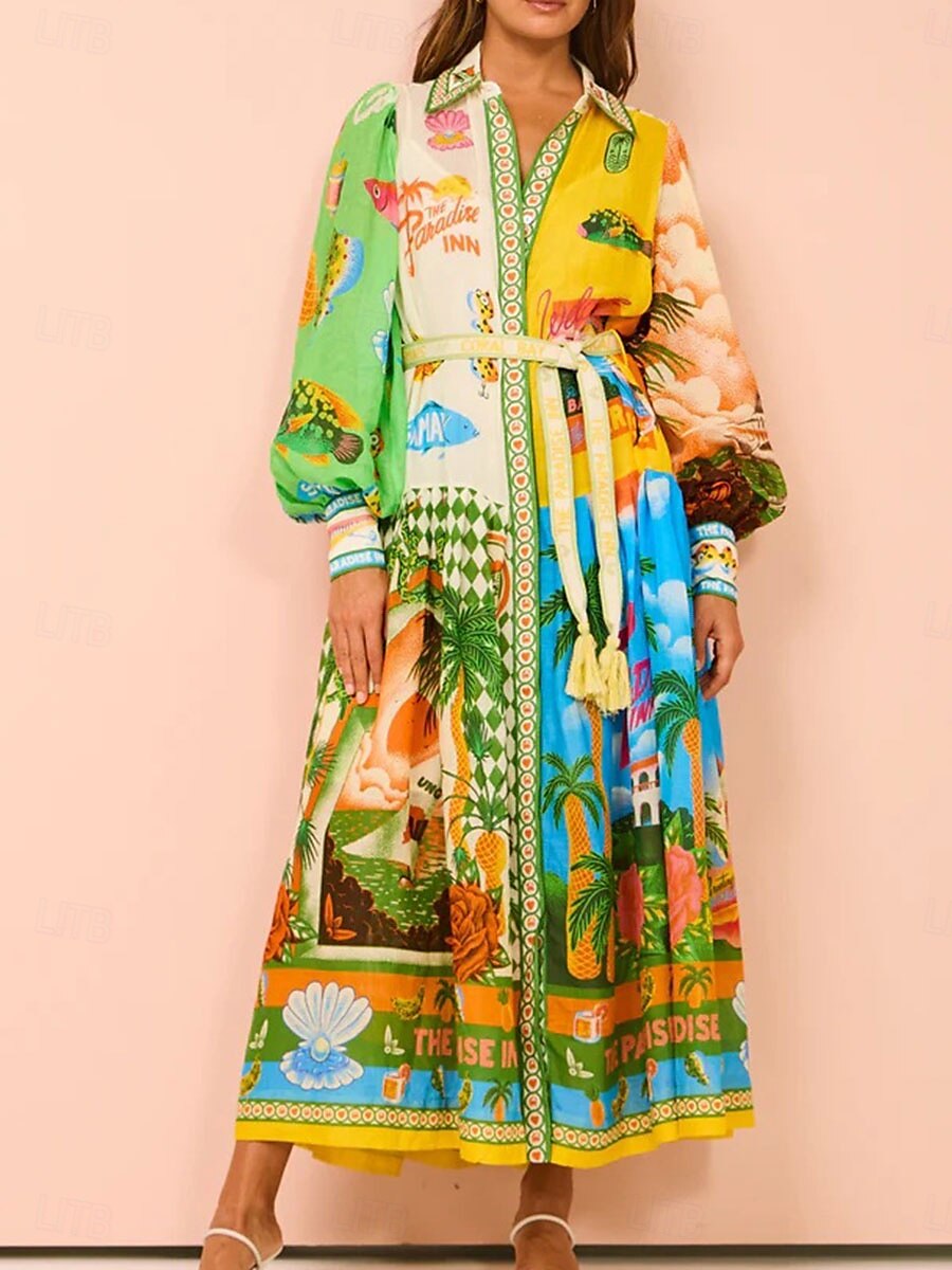 Damen Midikleid A Linie Kleid Figurbetontes Kleid Kleid mit Puffärmeln Urlaub Puffärmel Urlaub Casual Täglich Regular Fit Graphic Langarm Hemdkragen Grün Sommer 2025 - $46.99 –P3