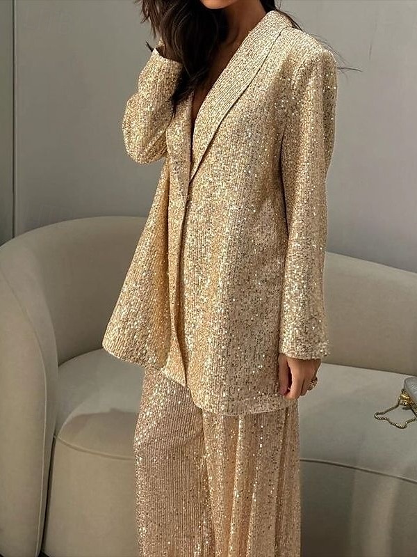 smoking todelt buksedress blazer aftenkjole elegant kjole formell bryllup gulvlengde langermet skjortekrage paljett med sløyfe(r) splitt 2025 2025 - $129.99 –P2