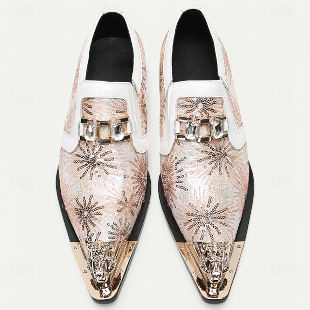 Mocassins em Couro de Vaca Premium Masculinos com Design Floral em Lantejoulas e Detalhe de Fivela de Cristal com Ponta Dourada–Sapatos Slip-On de Luxo para Ocasiões Especiais e Vestuário Noturno de 2025 por €104.02 –P1