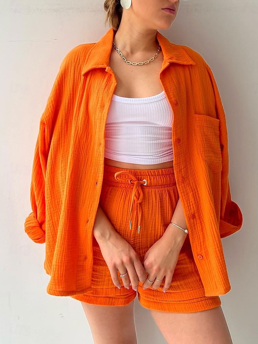 Women's Elegant Fashion Streetwear Shirt Blouse Baggy Shorts Long Sleeve Shirt Collar Solid Color Ruched Outdoor Work Casual Orange Green Khaki Summer Loose Fit 2025 - $35.99 –P8