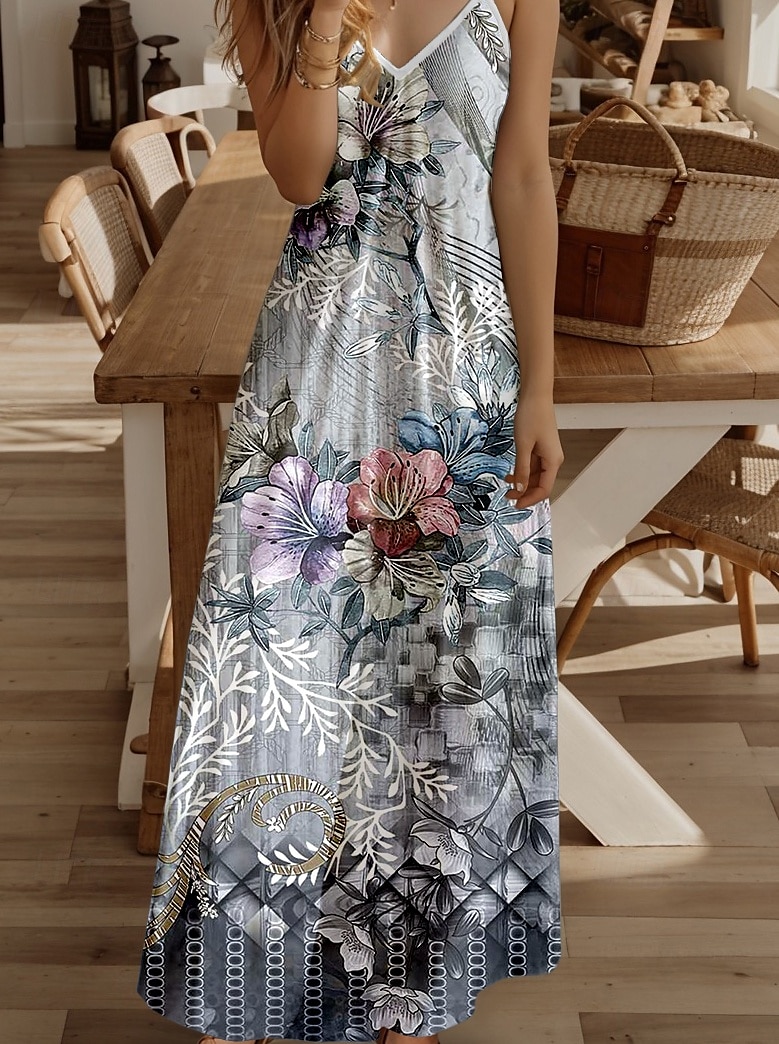 Per donna Vestito maxi Prendisole Abito linea A vestito a flori Abito estivo Informale fluente Da mare Informale Giornaliero Standard Floreale Pop art Senza maniche A V Grigio Estate Primavera del 2025 a $34.99 –P3