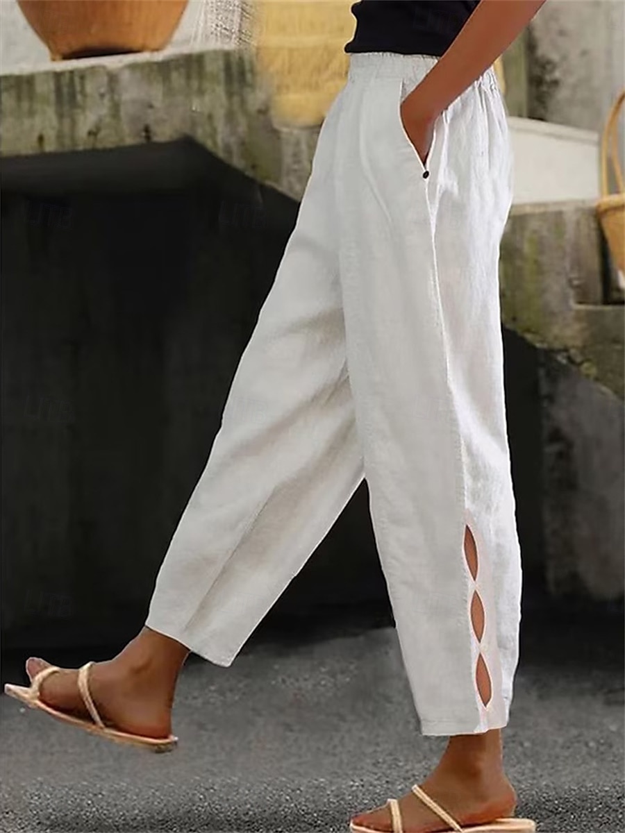 Women's Cotton Linen Pants Chinos Fashion Streetwear Ankle-Length High Waist Plain Pocket Elastic Waistband Comfy Soft Comfortable Micro-elastic Outdoor Street dark brown Deep Green Wine Robin's Egg 2025 - $21.99 –P5