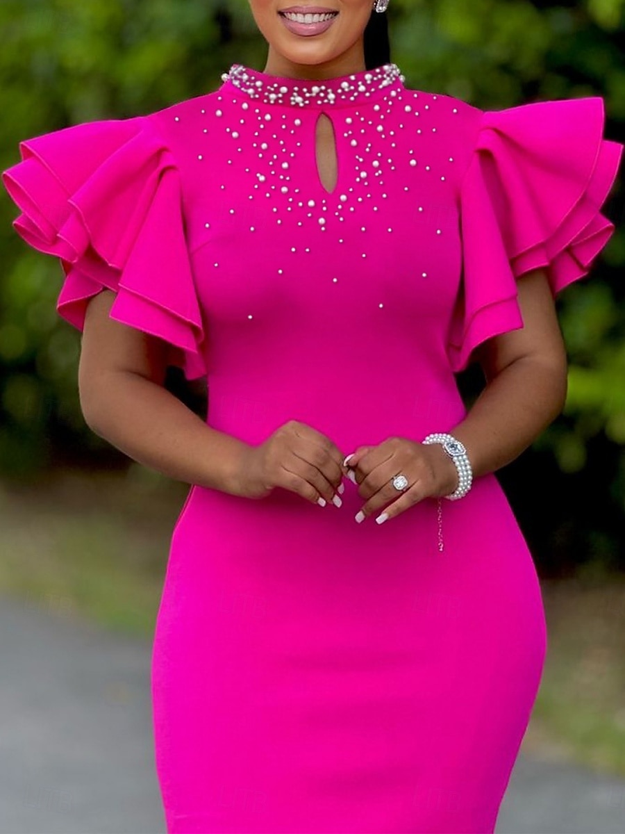 Dames Halflange jurk Gala jurk Feestjurk Satijnen Jurk Bruiloft gast jurk Elegant Formeel Feest Bruiloft gast Verloving Normale pasvorm Effen Korte mouw Coltrui Zwart Wit Blozend Roze Rood Zomer 2025 - $55.99 –P4
