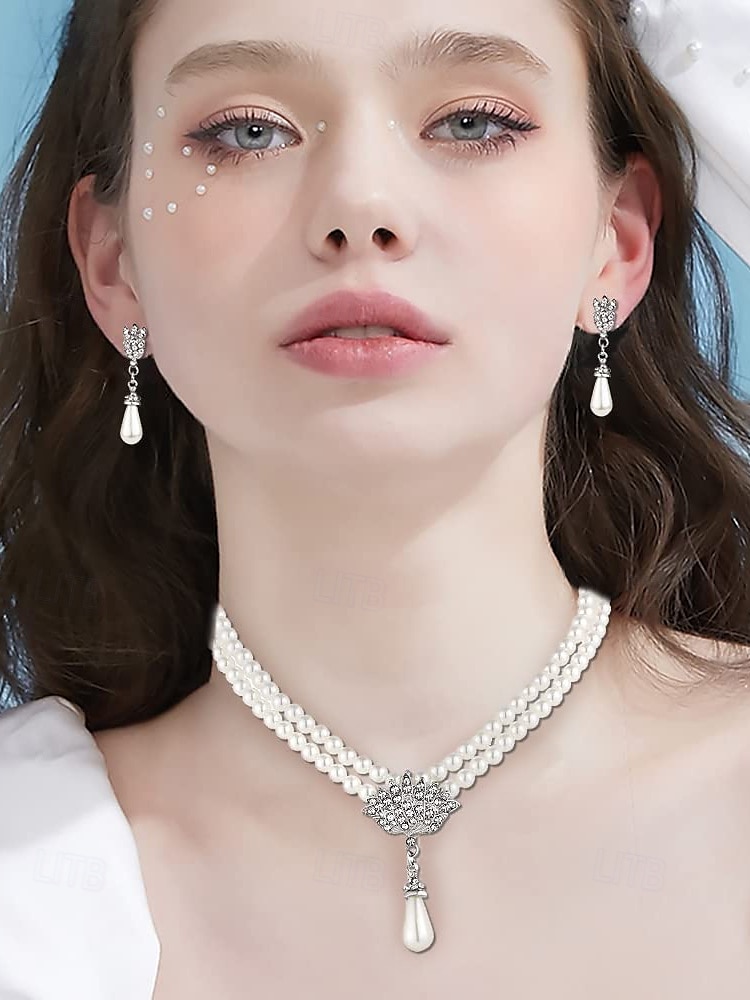 Elegante conjunto de joyas nupciales de perlas: collar de doble capa y aretes colgantes con detalles de diamantes de imitación, accesorios de boda vintage para mujeres, joyas formales para fiestas y veladas 2025 - $11.99 –P2