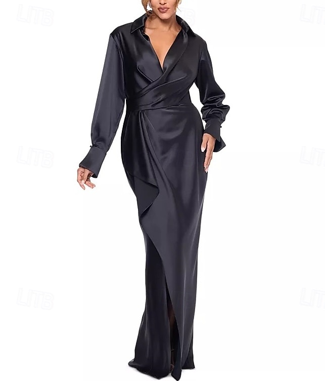 Robe fourreau  colonne robe de mère de la mariée formelle élégante simple col chemise longueur de sol satin d'Italie manches longues avec volants couleur unie de 2025 ? $177.99 –P1