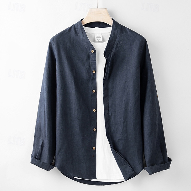 Men's Shirt Linen Shirt Casual Shirt Button Up Shirt Plain Vacation Hawaiian White Navy Blue Beige Long Sleeve Band Collar Spring Fall Clothing Apparel Button-Down 2025 - $94.99 –P8
