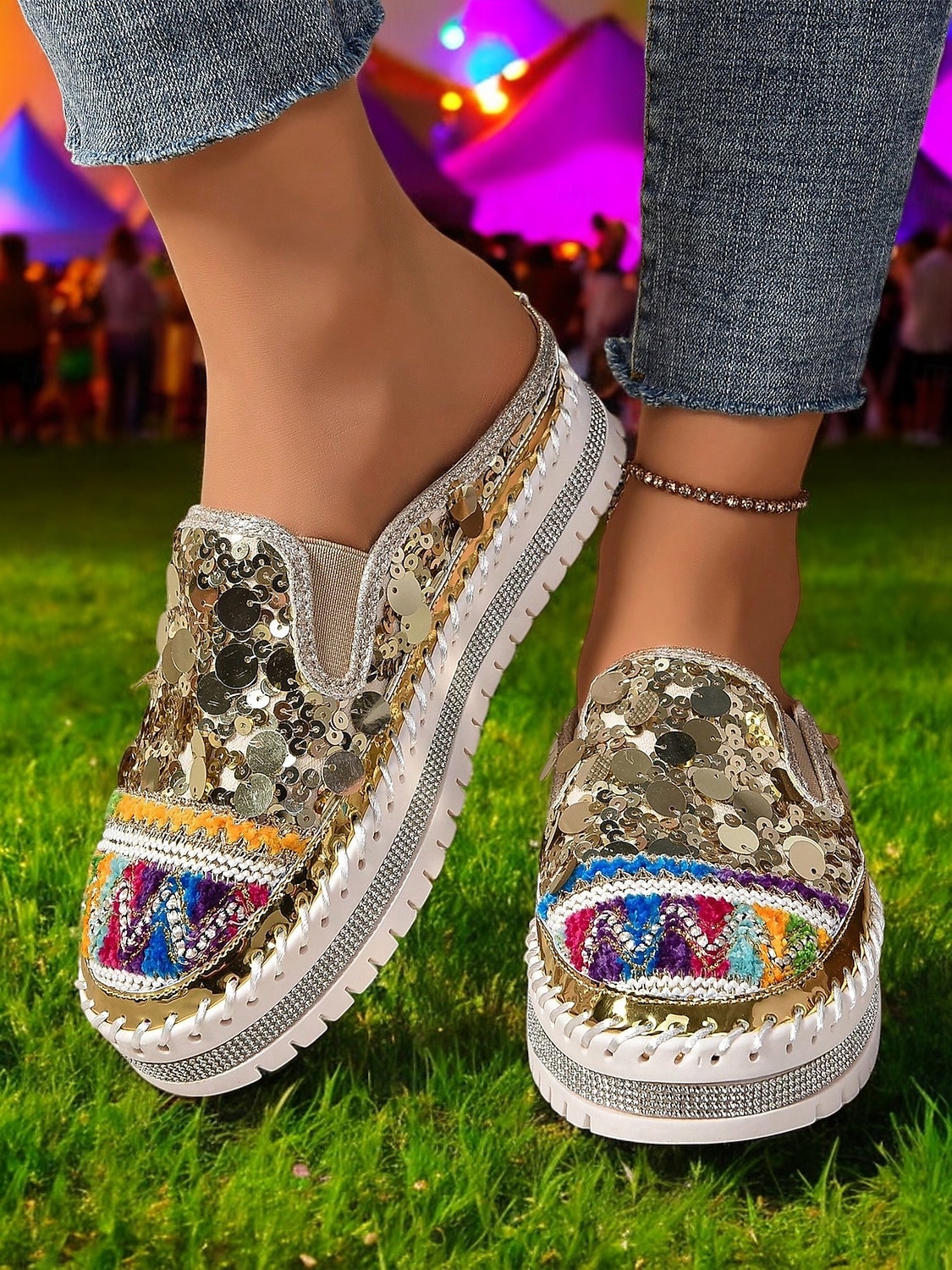 dámské zlaté flitrové tenisky na platformě mules – třpytivé slip-on boty s vyšívanými detaily pro festivaly, párty a street fashion 2025 - $34.99 –P6