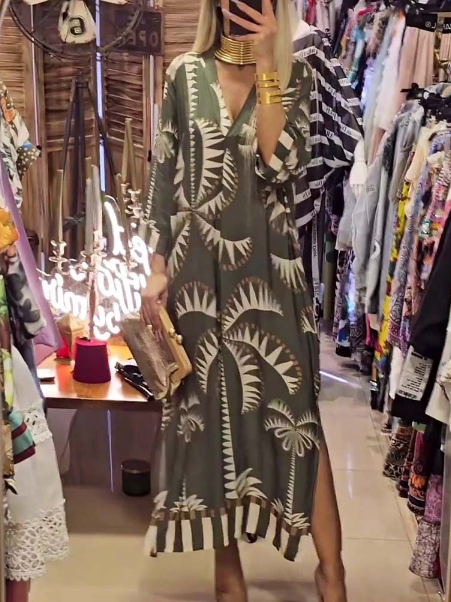 Damen Midikleid Casual kleid A Linie Kleid Boho-Kleid Stilvoll Brautkleider schlicht Urlaub Täglich Regular Fit Graphic 3/4 Ärmel V Ausschnitt Rosa Khaki Armeegrün Sommer 2025 - $28.99 –P4