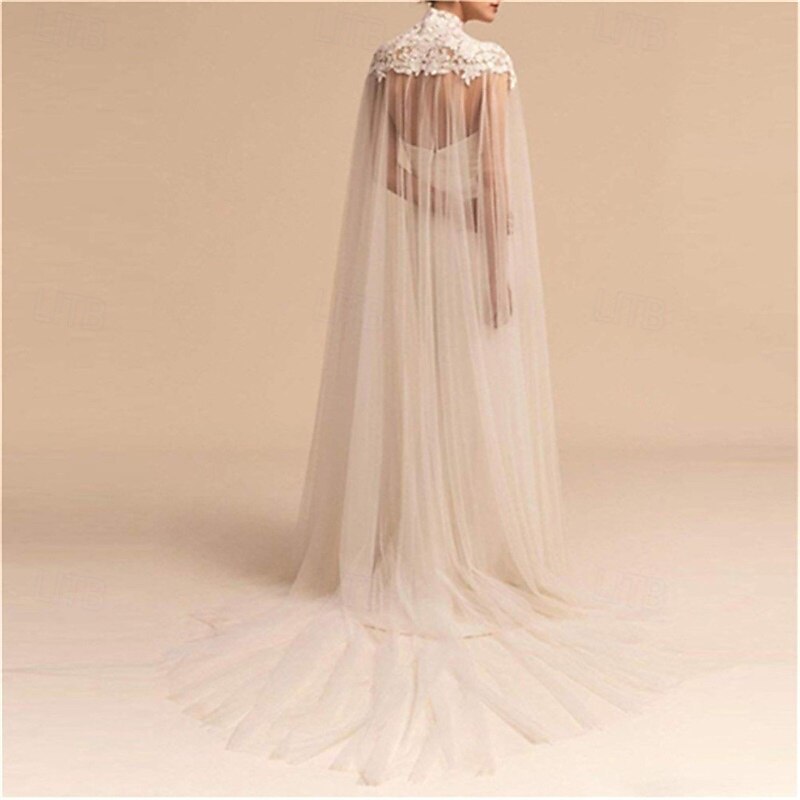 Lace Applique Off-Shoulder Stand-Up Collar Netting Shawl Transparent Cape Button Decoration Small Train Bridal Stage Costume 2025 - $49.99 –P4