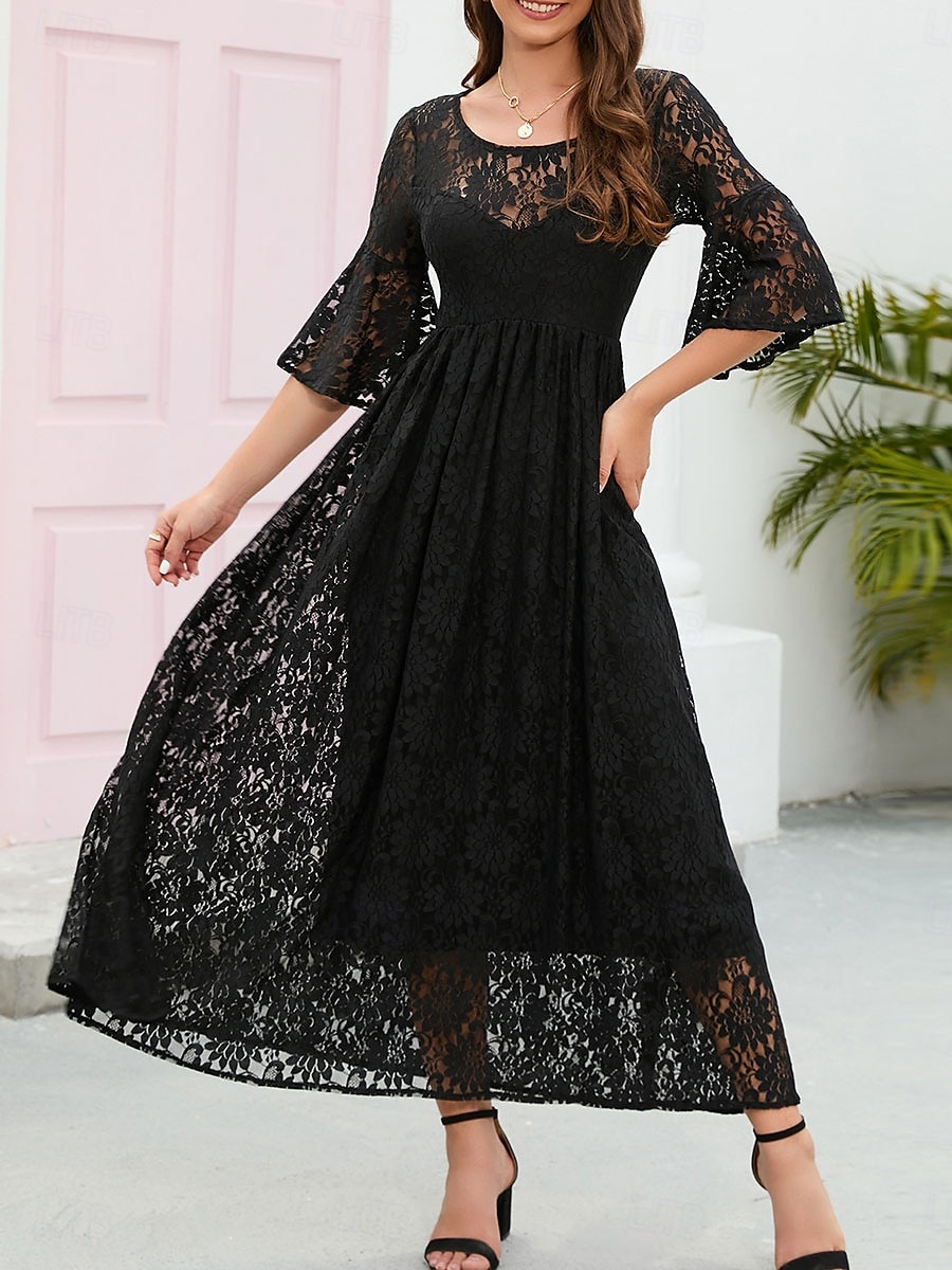 Damskie Sukienka midi Koronkowa sukienka Sukienka maxi Sukienka A line Elegancja Elegancki Codzienny Rozkloszowany rękaw Urlop Impreza Codzienny Regularny Równina Krótki rękaw Półgolf Czarny Wino 2025 - $46.99 –P8