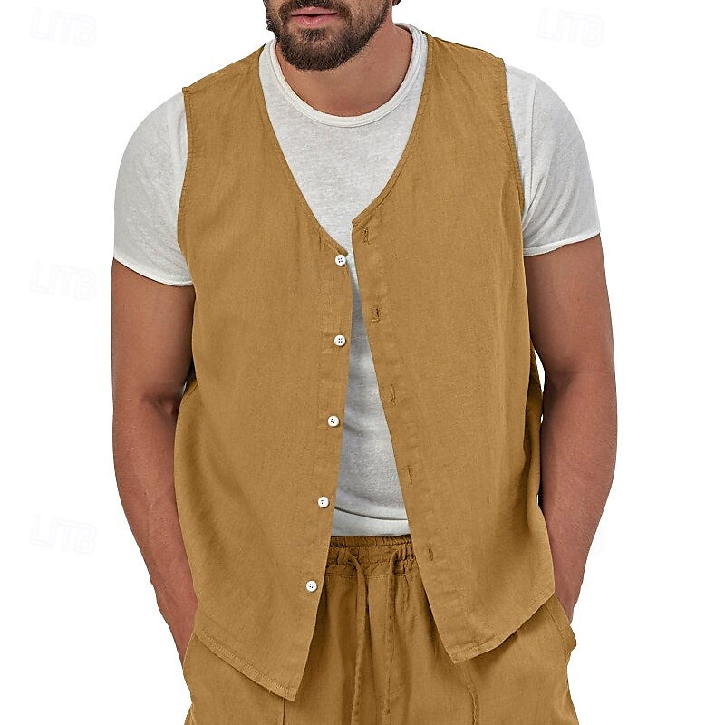 בגדי ריקוד גברים וסט Gilet אפוד פשתן חופשה יומי פגישה (דייט) אופנתי יום יומי קיץ אביב כפתורים כיס פשתן נוח אחיד חזה יחיד כפתור יחיד צווארון V רגיל שחור צהוב ירוק בהיר כחול נייבי אֵפוֹד 2025 - $23.99 –P18