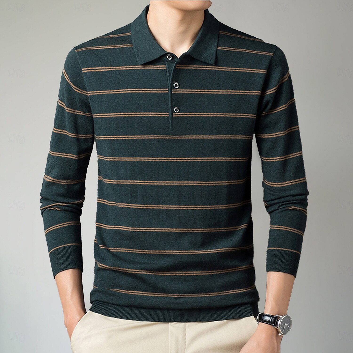 Herren-Poloshirt aus Wolle, Strick, Polopullover, formell, Arbeit, Umlegekragen, langärmlig, modern, bequem, gestreift, Knöpfe, Streifen, Frühling, Frühling & Herbst, normale Passform, Marineblau, Blau, Dunkelgrün, Braun, Polo 2025 - $31.99 –P10