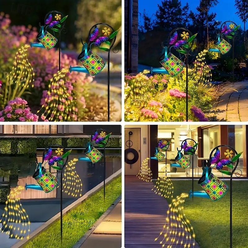 Solar Watering Kettle Light with Colorful Butterfly Shepherd Hook Waterproof Solar Garden Light Wrought Iron LED Outdoor Garden Light for Courtyard Terrace Sidewalk Lawn Decoration 2025 - $37.99 –P8