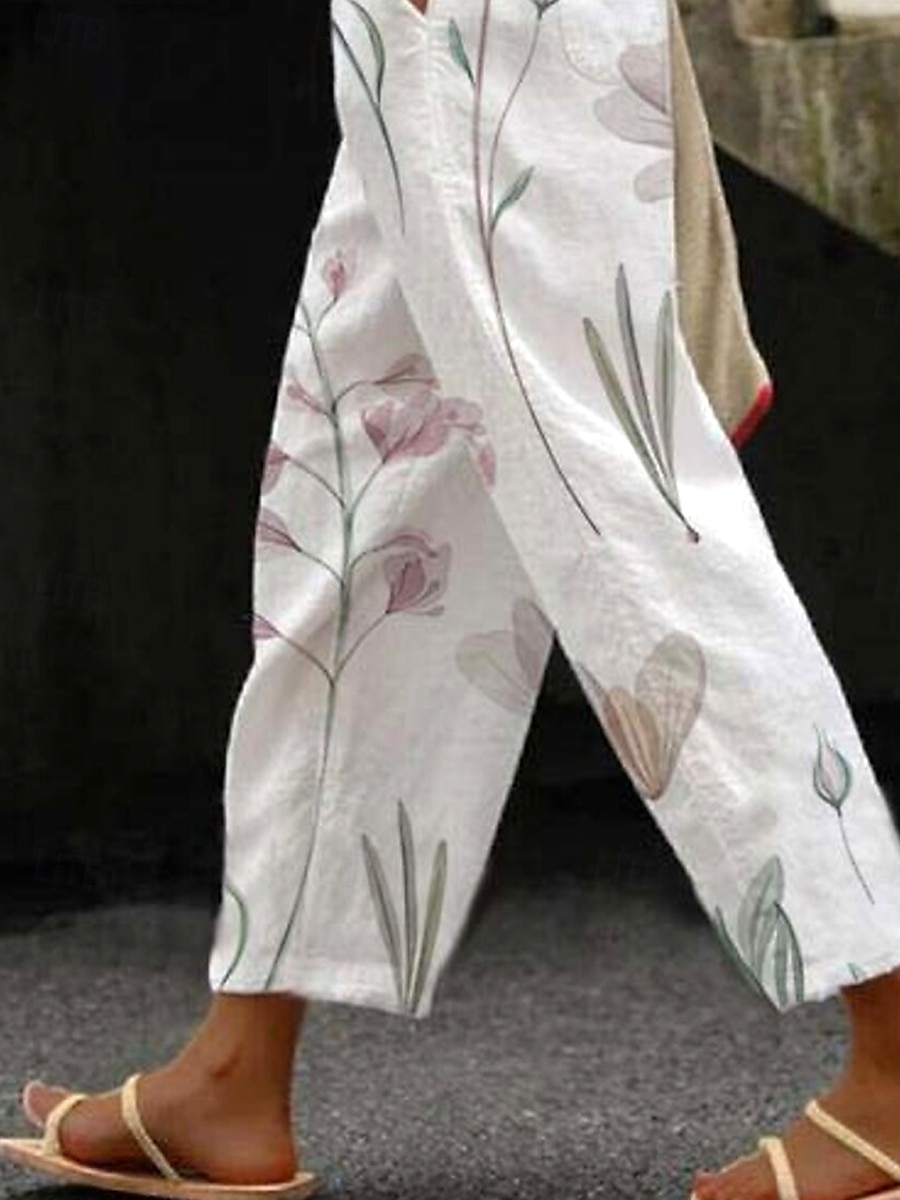 Kvinnors Bomull Linne Byxor Baggy Byxor Linne Lik Elegant Vintage Mode Full längd Hög midja Blommig tryck Andningsbar Mjuk Mikroelastisk Utomhus Daglig Linne Lik Pärlvit Regular Fit 2025 - $32.99 –P3