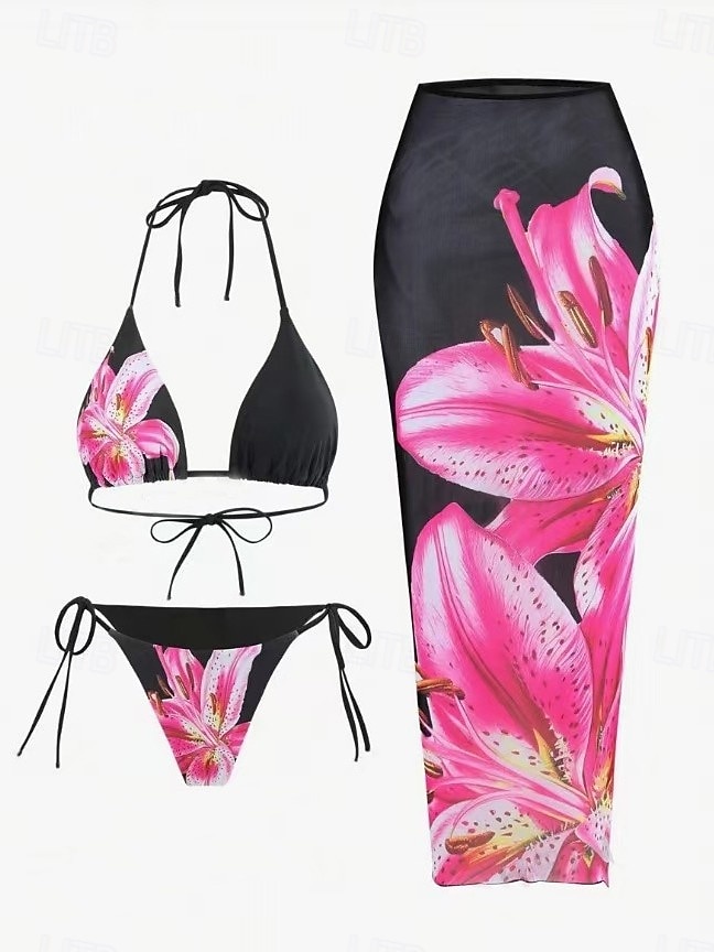 Dam Badkläder Bikini 2 st Kaxig Baddräkt Öppen rygg Smal Semester Standkläder Blommig Halterneck Ärmlös Baddräkter 2025 - $32.99 –P1