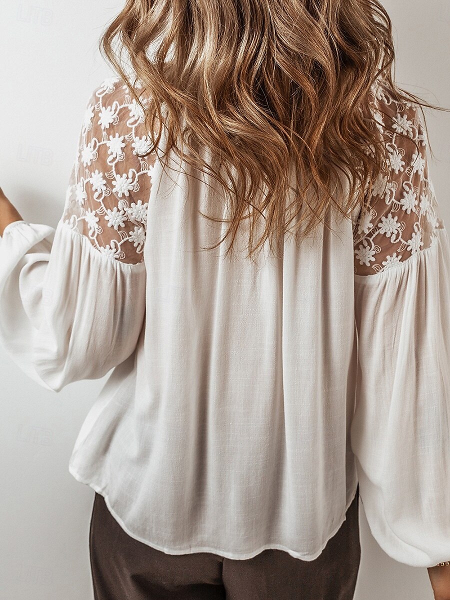 Damen Bluse Feste Farbe Stilvoll Brautkleider schlicht Langarm V Ausschnitt Normale Oberteile Arbeit Täglich Festtage Spitze Patchwork Weiß Frühling Herbst Winter 2025 - $32.99 –P4