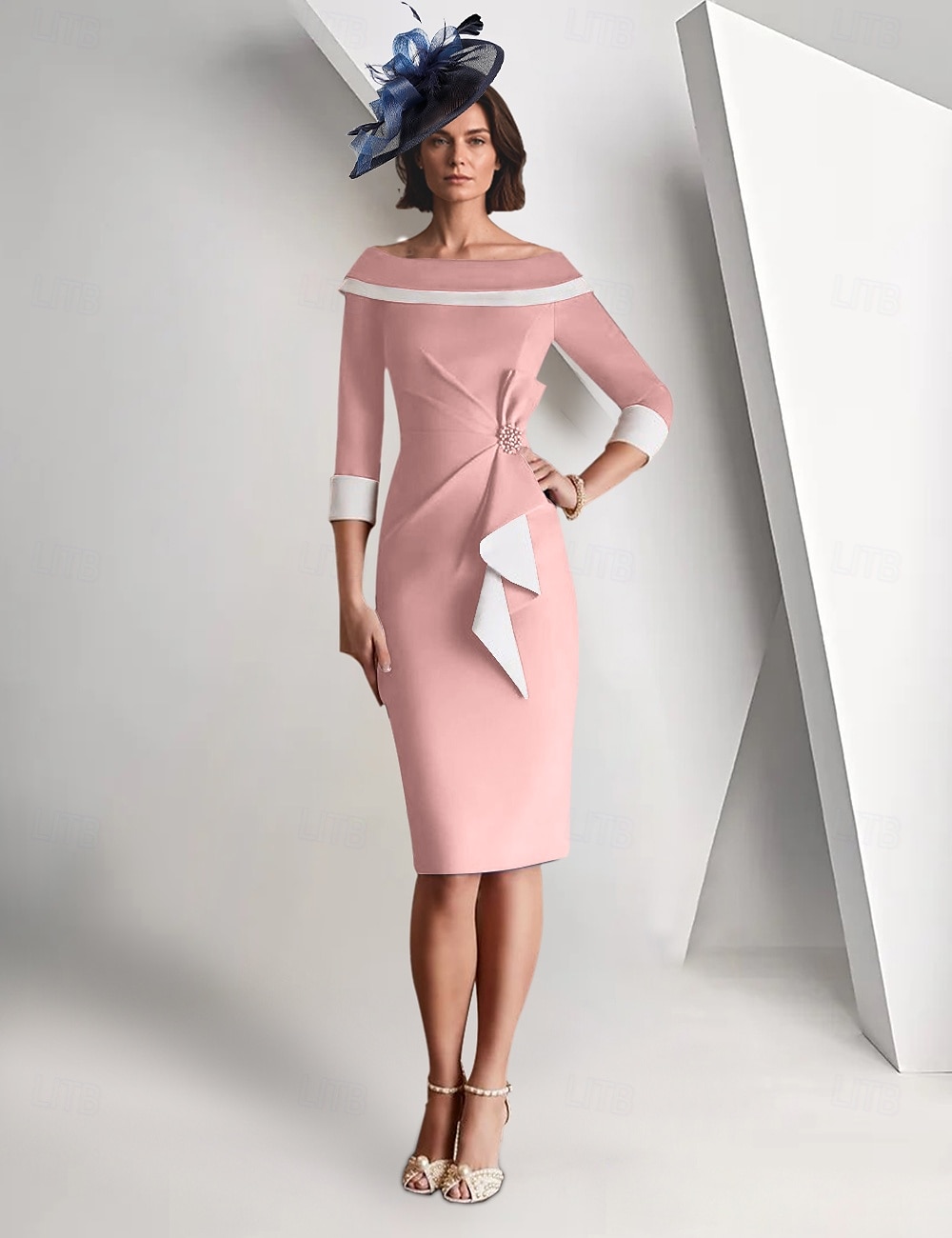 Sheath / Column Mother of the Bride Dress Elegant Vintage Simple Off Shoulder Tea Length Crepe 3/4 Length Sleeve Jacket Dresses with Ruffles Color Block Race Day Dress 2025 - $172.99 –P4