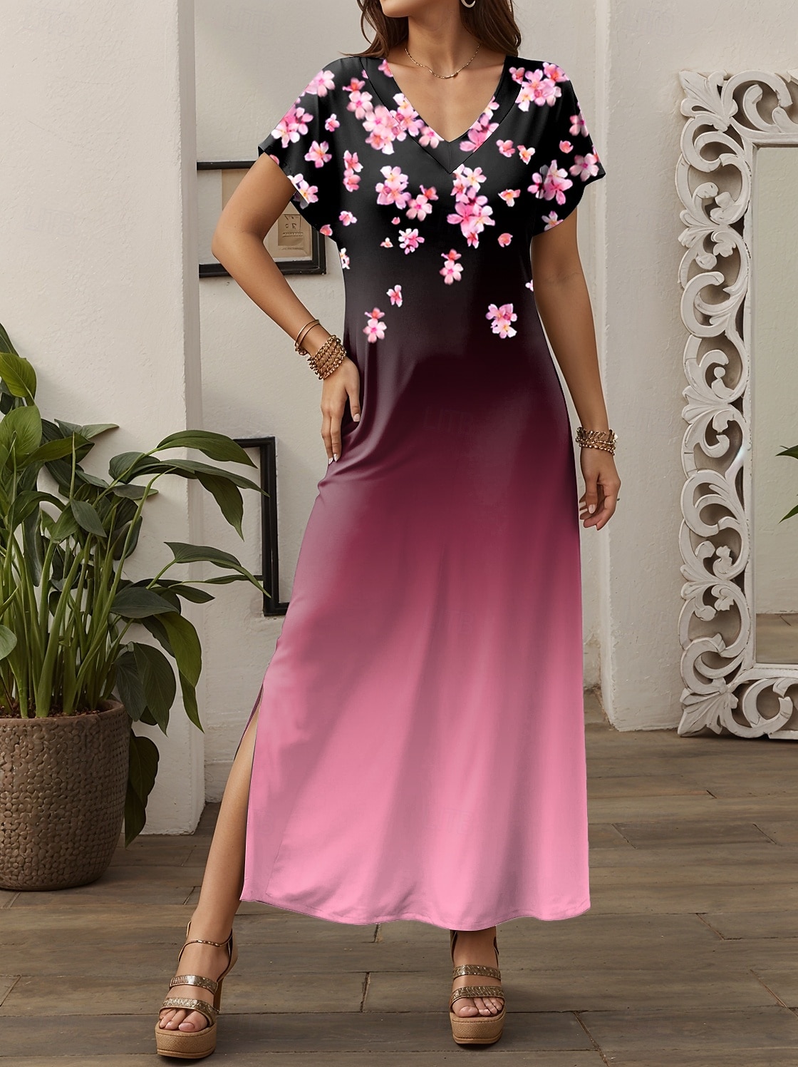 Dam Maxiklänning Vardagsklänning A linjeklänning Stylish Ledigt Semester Dagligen Normal Blommig Kortärmad V-hals Rodnande Rosa Vår Höst 2025 - $28.99 –P3