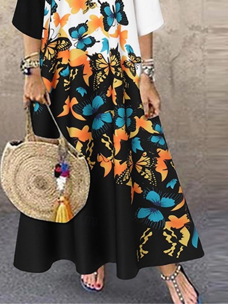 Femme Robe Maxi Robe casual mode Décontractées Vacances du quotidien Standard Floral Manches 3/4 Col Ras du Cou Blanche Jaune Rouge Eté Printemps de 2025 ? $27.99 –P4