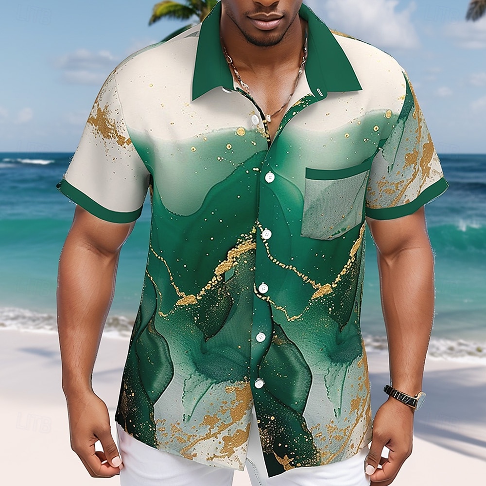 Herren Geometrisch Marmor Abstrakte Kunst Hemd Knopfhemd Kurzarm Modisch lässig Urlaub Strassenmode Strandbekleidung Sommer Herbst Umlegekragen 3D-Druck Hemden mit Kragen Eine Tasche vorne Grün 2026 - $25.99 –P1