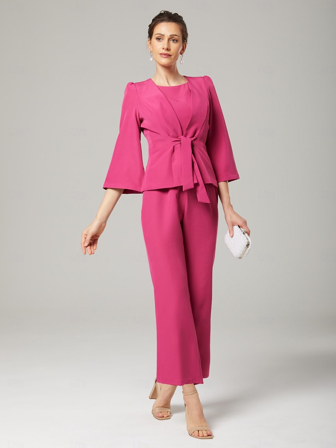 Zweiteilige Jumpsuits Mutter der Braut Elegant Wickel enthalten Juwelen-Hals Knöchellänge Stretch-Chiffon 3/4 Länge Ärmeln mit Bandage 2025 2025 - $161.99 –P3