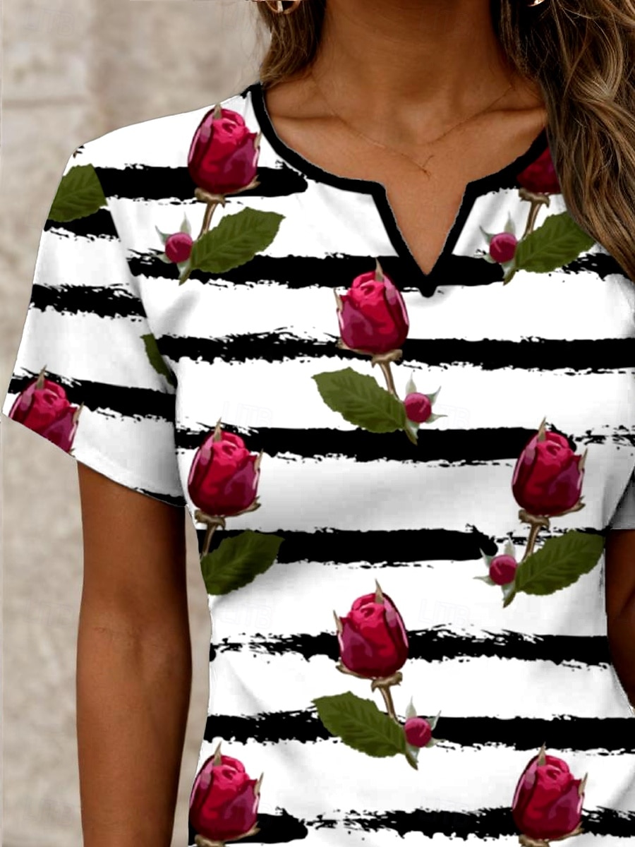 Women's T Shirt Floral Striped Casual Short Sleeve Notched Neck Regular Tops Daily Print Wine Summer Spring 2025 - $27.99 –P2