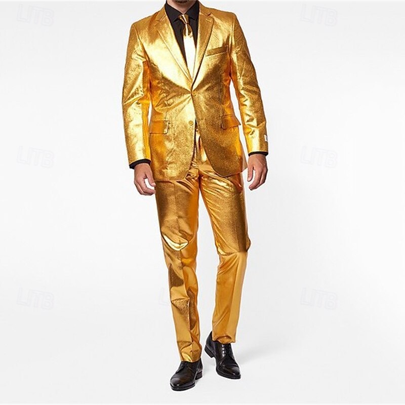 Herr Uppsättning Kavaj Prestanda Scen Bröllopsfest Vintage Mode Vår Höst Polyester Ensfärgat Knappar Ficka Bekväm Enkelknäppt Blazer Silver Guld 2025 - $67.99 –P1