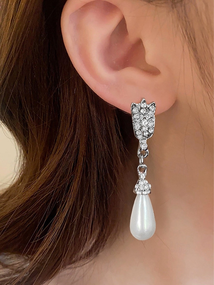 Elegante conjunto de joyas nupciales de perlas: collar de doble capa y aretes colgantes con detalles de diamantes de imitación, accesorios de boda vintage para mujeres, joyas formales para fiestas y veladas 2025 - $11.99 –P4