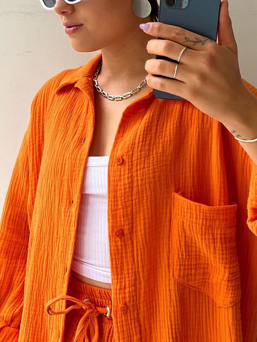 Women's Elegant Fashion Streetwear Shirt Blouse Baggy Shorts Long Sleeve Shirt Collar Solid Color Ruched Outdoor Work Casual Orange Green Khaki Summer Loose Fit 2025 - $35.99 –P11