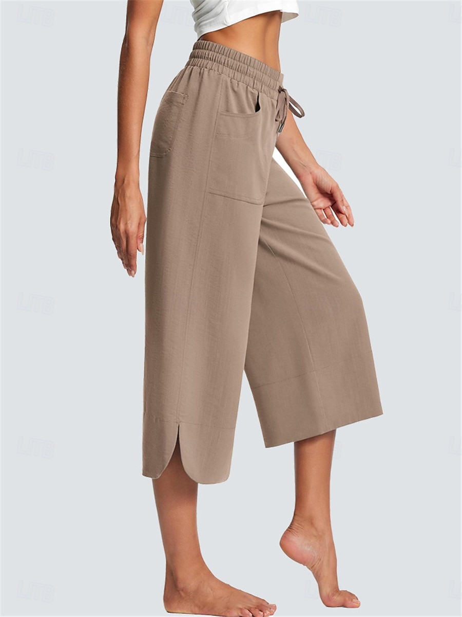 Women's Wide Leg Chinos Fashion Streetwear Calf-Length High Waist Plain Pocket Elastic Waistband Comfy Soft Comfortable Micro-elastic Outdoor Street Navy-blue Army Green Black Blue Summer Spring 2025 - $24.99 –P4