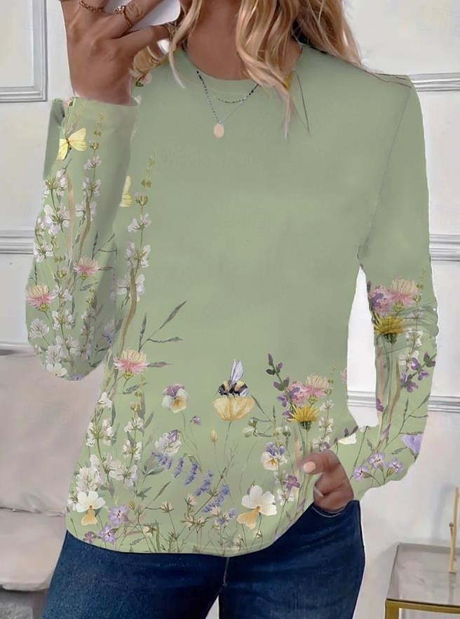 Women's T Shirt Floral Casual Long Sleeve Crew Neck Regular Tops Daily Print Sage Green Purple Beige Gray Spring Fall 2025 - $23.99 –P1