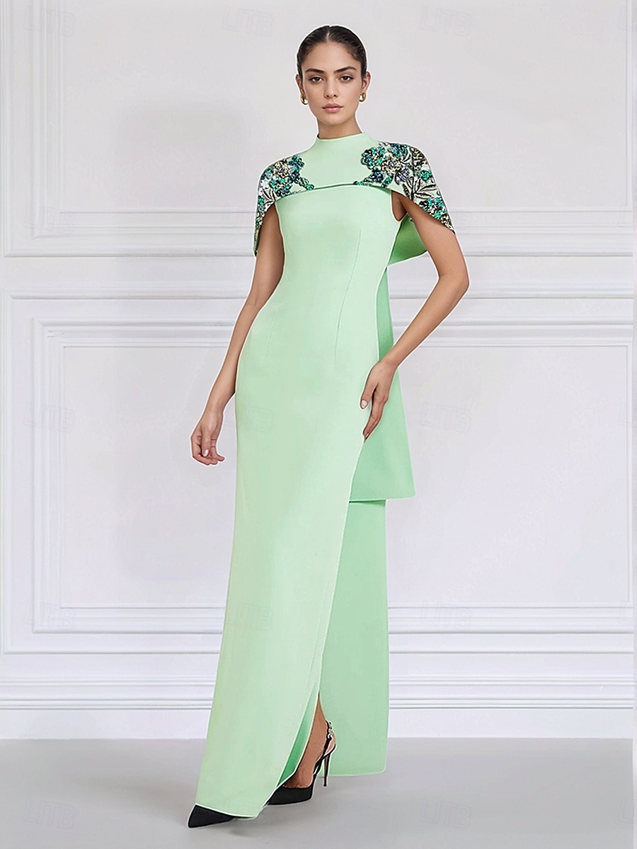 Robe de soirée colonne brodée verte rouge jaune robe élégante formelle invité de mariage longueur sol sans manches col rond capes crêpe extensible avec paillettes 2025 de 2025 ? $177.99 –P1