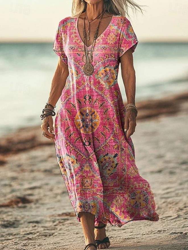 Femmes Robe maxi Robe Décontractée Robe trapèze Élégant Occasionnel Vacances Quotidien Coupe régulière Fleuri Manche Courte Col en V Magenta Printemps Automne de 2025 ? $28.99 –P1