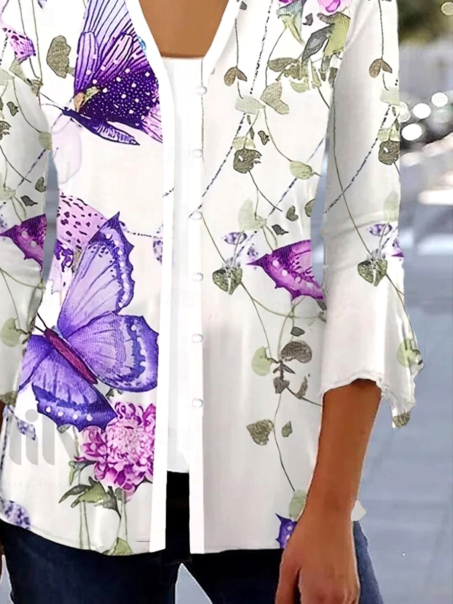 Femme Chemise Floral Papillon basique Manches 3/4 Col Carré Hauts réguliers du quotidien Imprimer Violet Printemps Automne de 2025 ? $29.99 –P3