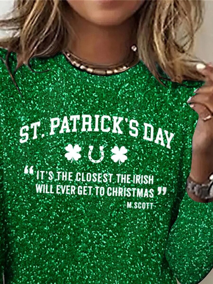 St. Patrick Women's T Shirt Letter Casual Long Sleeve Crew Neck Regular Tops Daily Print Green Spring Fall 2026 - $22.99 –P2