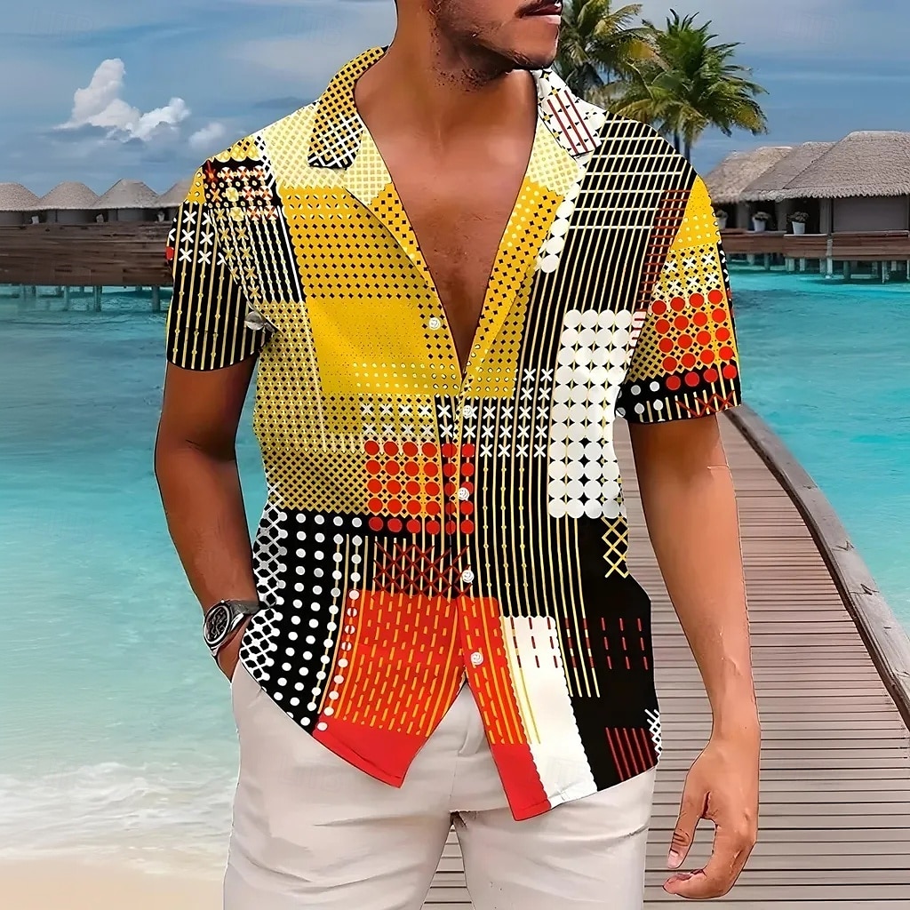 Homens Retalhos Estampa Geométrica Camisa Social Camisa cubana Manga Curta Moda Casual Férias Feriado Streetwear Verão Primavera Camisa com gola de acampamento Impressão 3D Amarelo Azul Roxo Verde de 2026 por $25.99 –P1