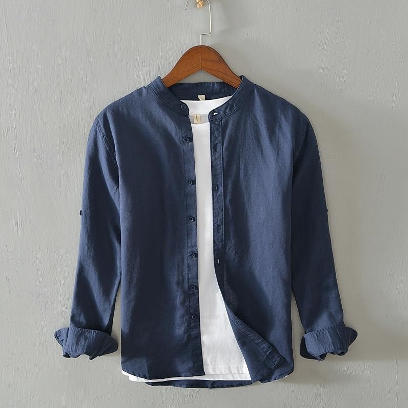 Per uomo Camicia Camicia di lino Camicia casual Camicia con Bottoni Camicia di cotone Semplice Vacanza Camicia hawaiana Bianco Blu marino Cachi Grigio Manica Lunga Colletto alla coreana Primavera del 2025 a $37.99 –P9