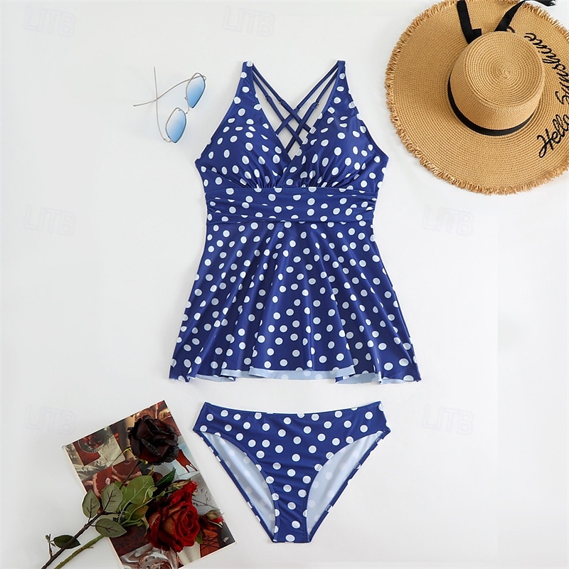 Dam Tankini Tvådelad baddräkt Korsvis Badkläder Fläck Badkläder Svart Blå Andningsfunktion Snabb tork Lättvikt Ärmlös - Simmning Surfing Strand Sommar Vår Plusstorlekar 2025 - $26.99 –P9