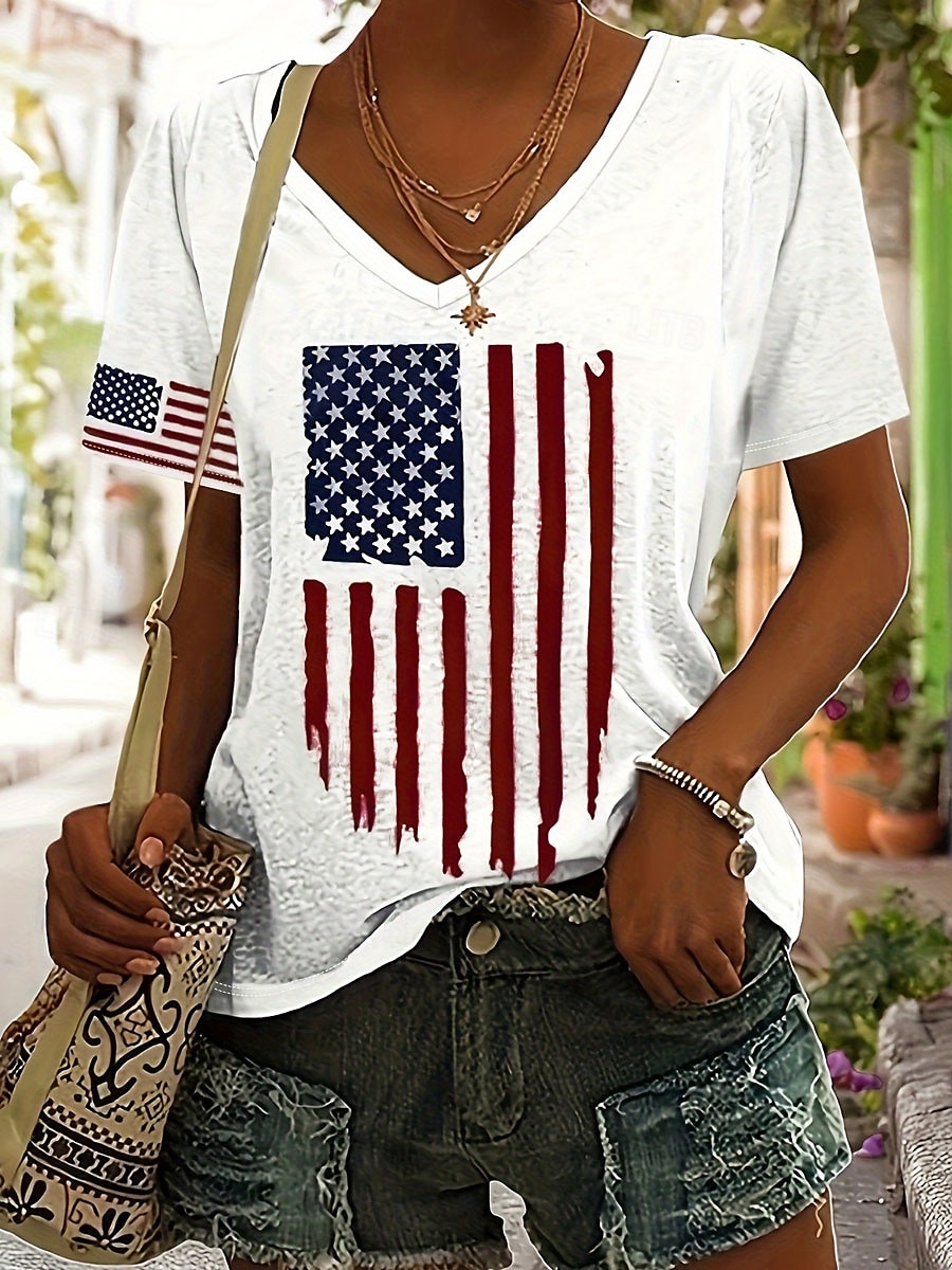 T-shirt patriote pour femmes graphique avec drapeau décontracté rouge blanc et bleu à manches courtes col en V hauts réguliers imprimé quotidien blanc été de 2025 ? $19.99 –P1