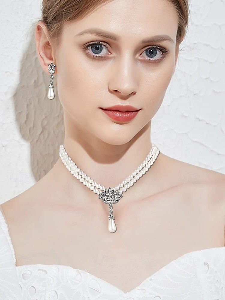 Elegante conjunto de joyas nupciales de perlas: collar de doble capa y aretes colgantes con detalles de diamantes de imitación, accesorios de boda vintage para mujeres, joyas formales para fiestas y veladas 2025 - $11.99 –P1