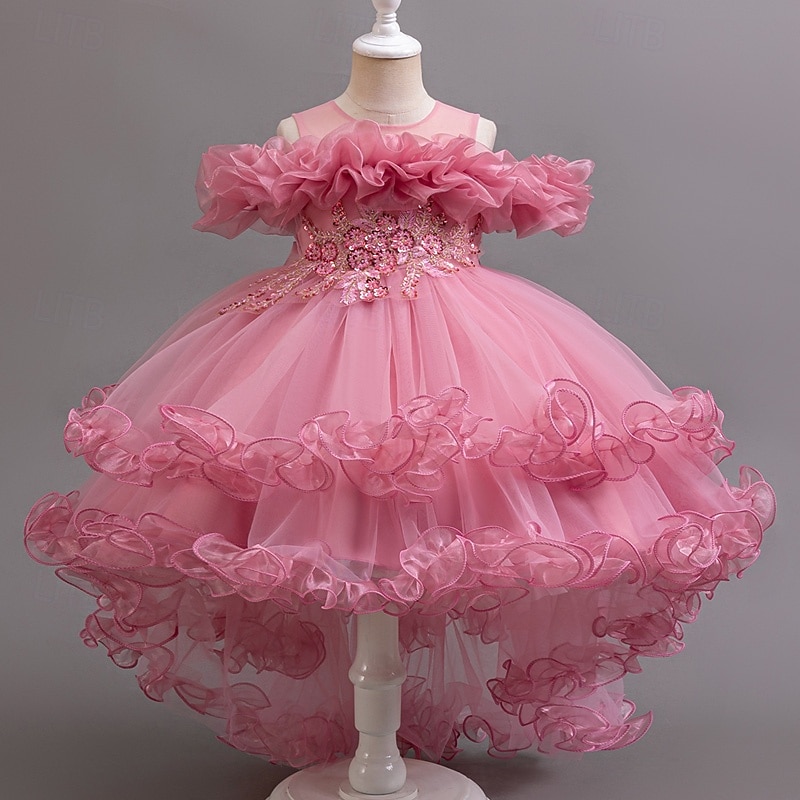 Blumenmädchenkleid Mädchen Formelle Kleidung Prinzessinenkleid Party Kleid Hochzeit Besondere Anlässe bezaubernd Süß Rüschen Zip Feste Farbe Kurzarm Rundhalsausschnitt Weiß Champagner 4-13 Jahre 2025 - $34.99 –P1
